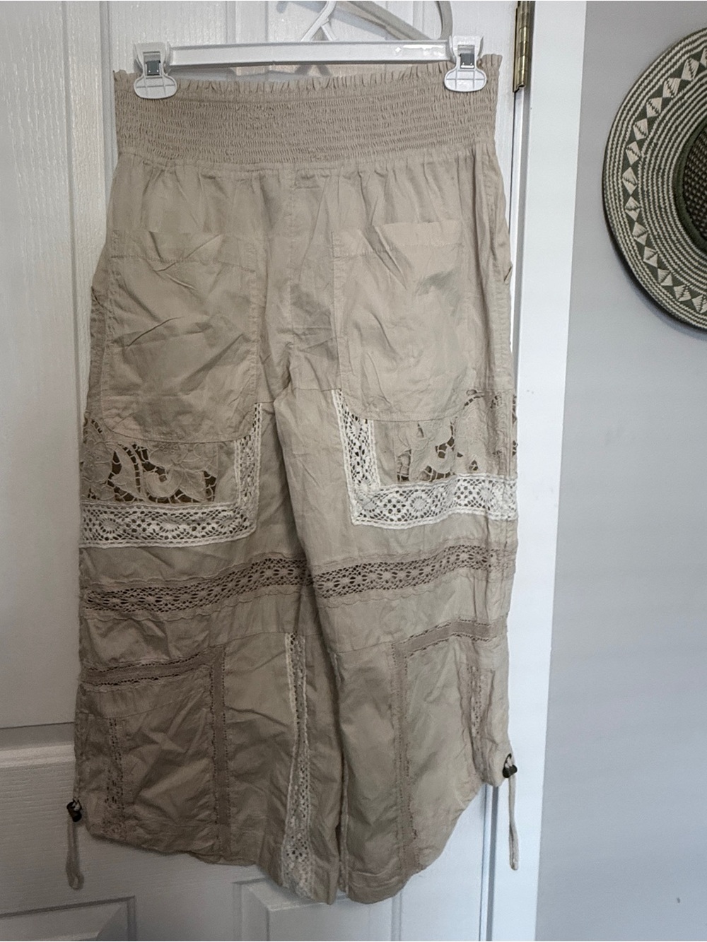 Anthropologie Beige Wide-Leg Lace Panel Pants - Picture 2 of 4